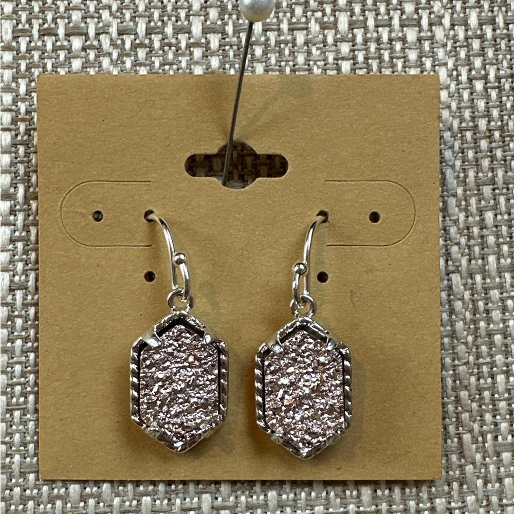 Silver Plated & Light Pink, Crushed Crystal, Drop Earrings, Hypoallergenic